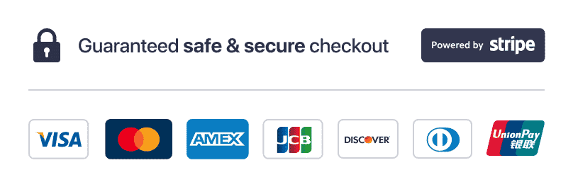 Guaranteed safe & secure checkout, VISA, Mastercard, AMEX, JCB, Discover, Diners, UnionPay accepted